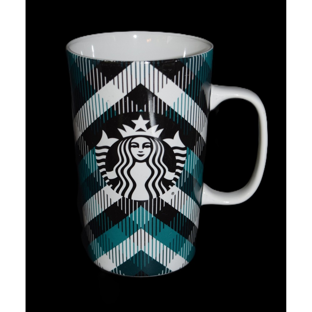 Starbucks Coffee Mug 16oz Teal Black Chevron Plaid Siren Logo 2015 Good